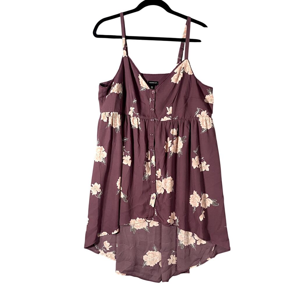Torrid Floral Purple Pink Georgette Button Up Hi Low Midi Dress Womans 00 M/L